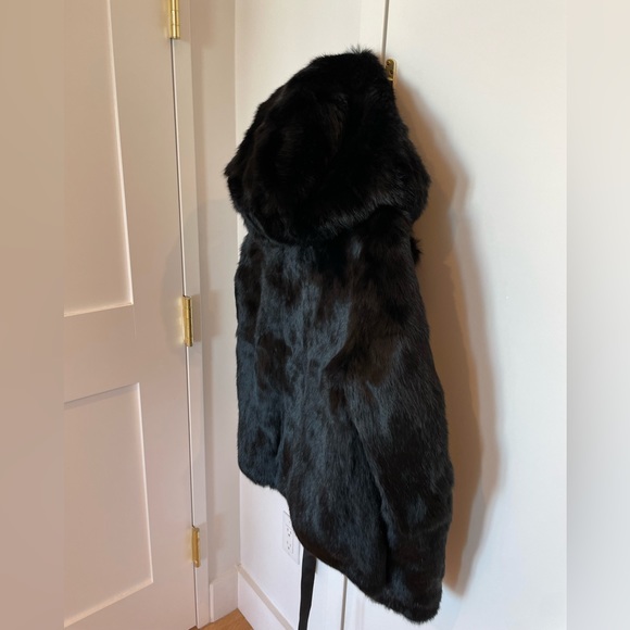 Sandro Size T2 Black Rabbit Hood Fur Coat - Picture 8 of 16